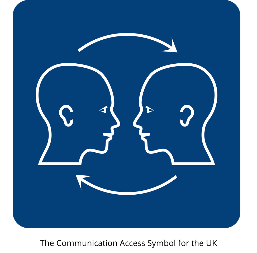 The communication access symbol is a blue square. Inside the square is the outline of two white heads which are facing each other. There are clockwise arrows, one above and one below the heads showing that communication is a two way process. Both heads have ears, eyes and a mouth showing that listening, looking, understanding and speech are all important in communication access.