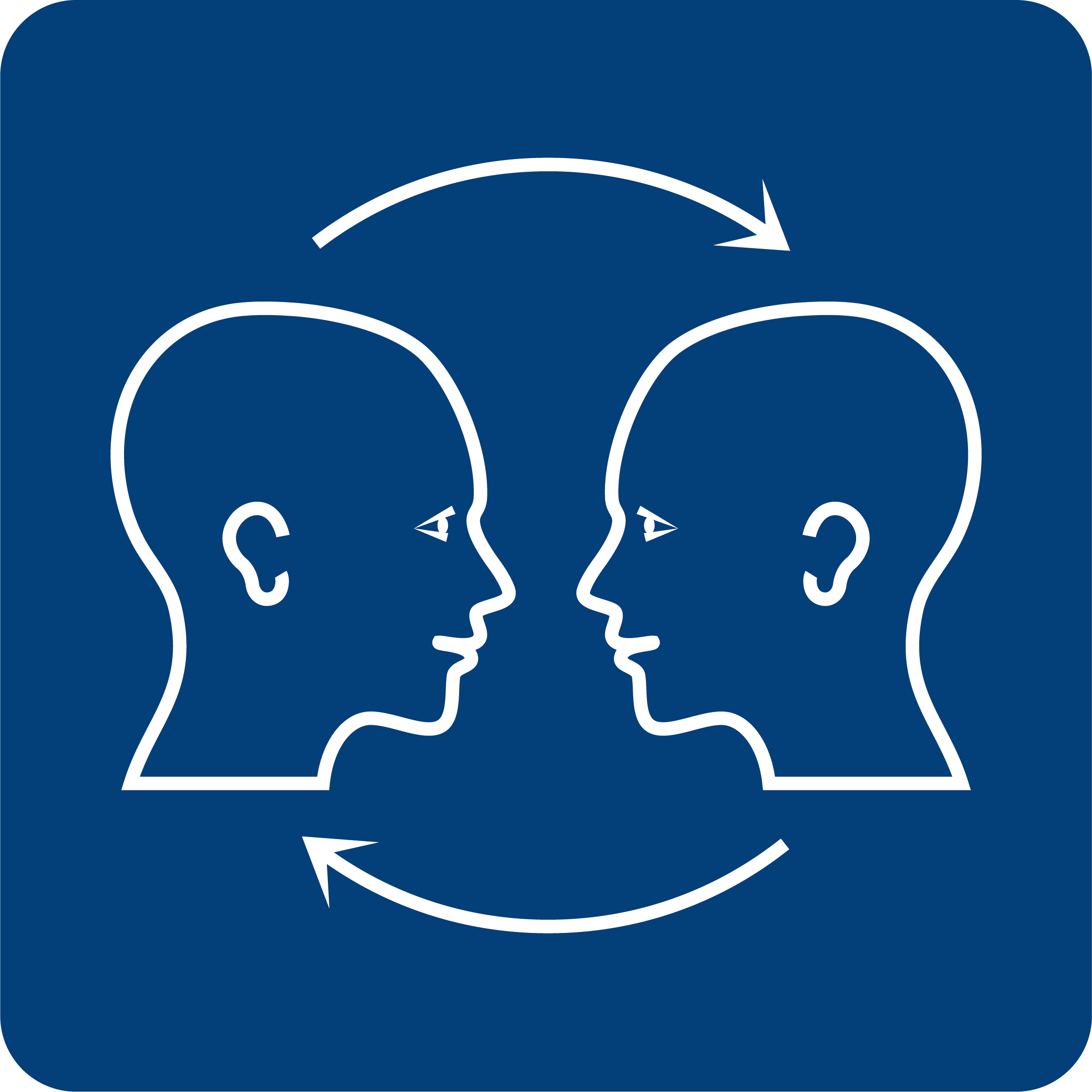 The communication access symbol is a blue square. Inside the square is the outline of two white heads which are facing each other. There are clockwise arrows, one above and one below the heads showing that communication is a two way process. Both heads have ears, eyes and a mouth showing that listening, looking, understanding and speech are all important in communication access.